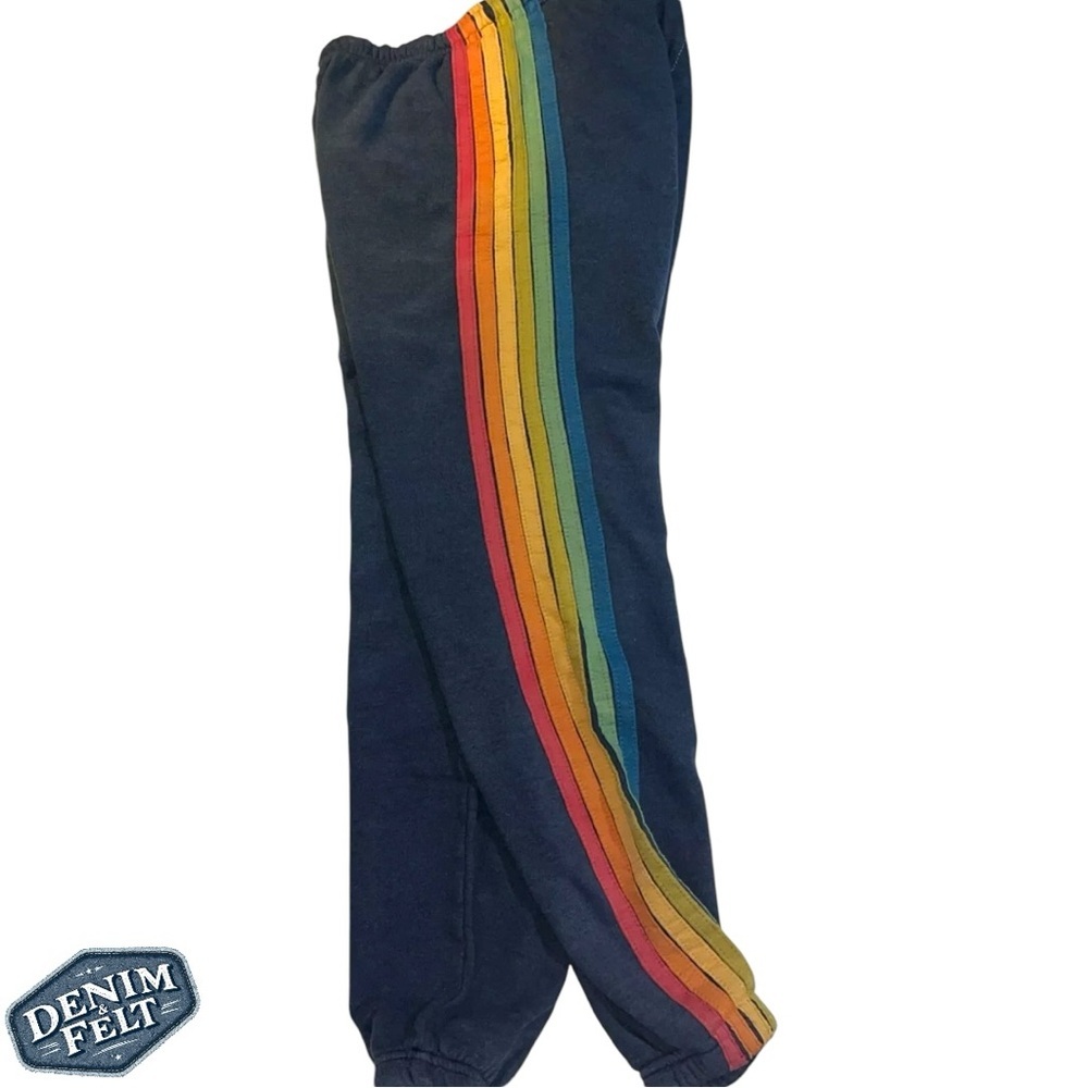 Aviator Nation Blue Track Pants with Rainbow Stripes